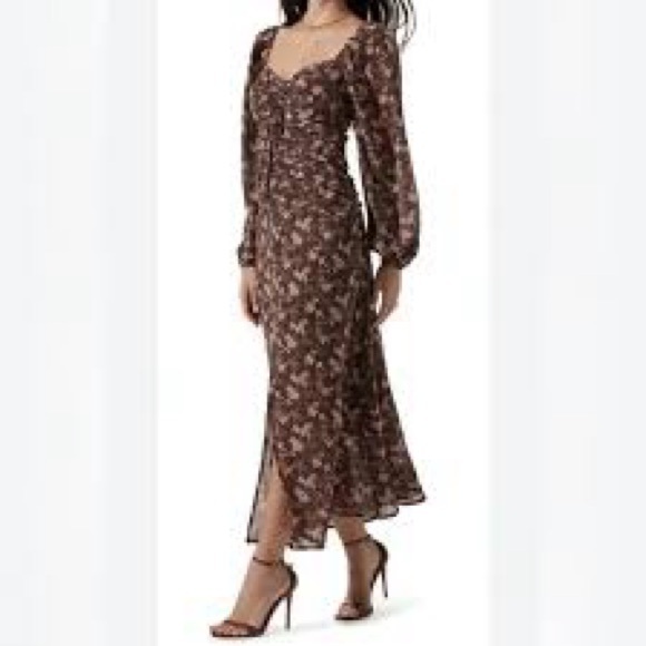 ASTR The Label Brown Floral Ruched Maxi Dress Puff Sleeve Romantic Small NWT - Picture 2 of 11